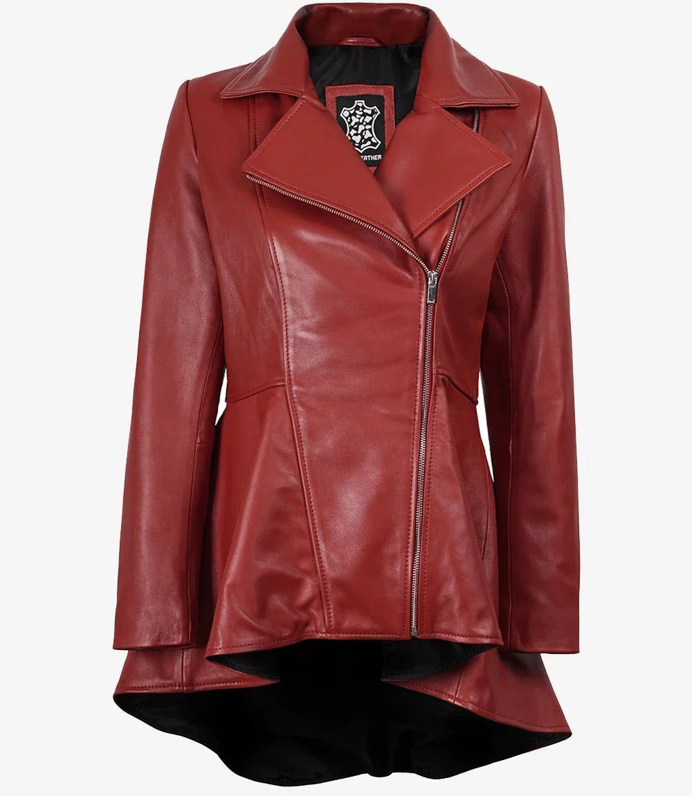 Clarissa Womens Red Asymmetrical Peplum Leather Jacket - Vox Leather