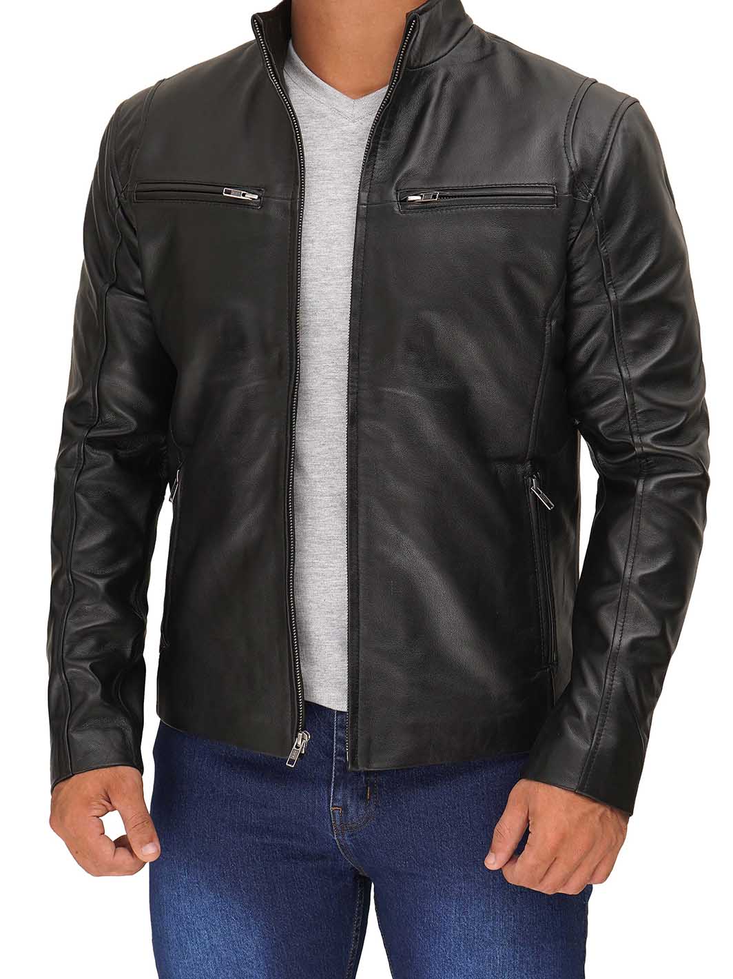 Clinton Men's Black Cafe Racer Leather Jacket - Rare Leather