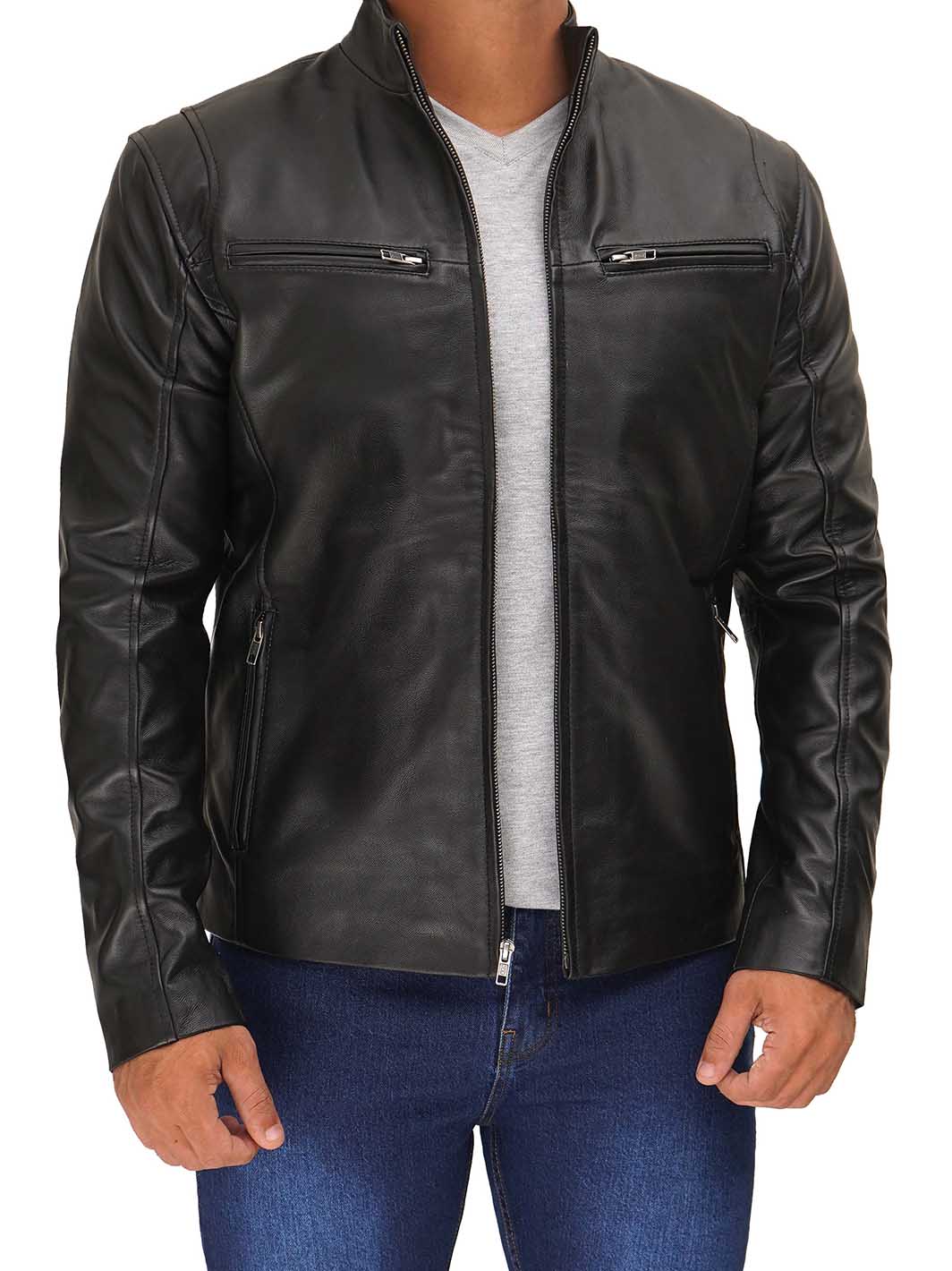 Clinton Men's Black Cafe Racer Leather Jacket - Rare Leather