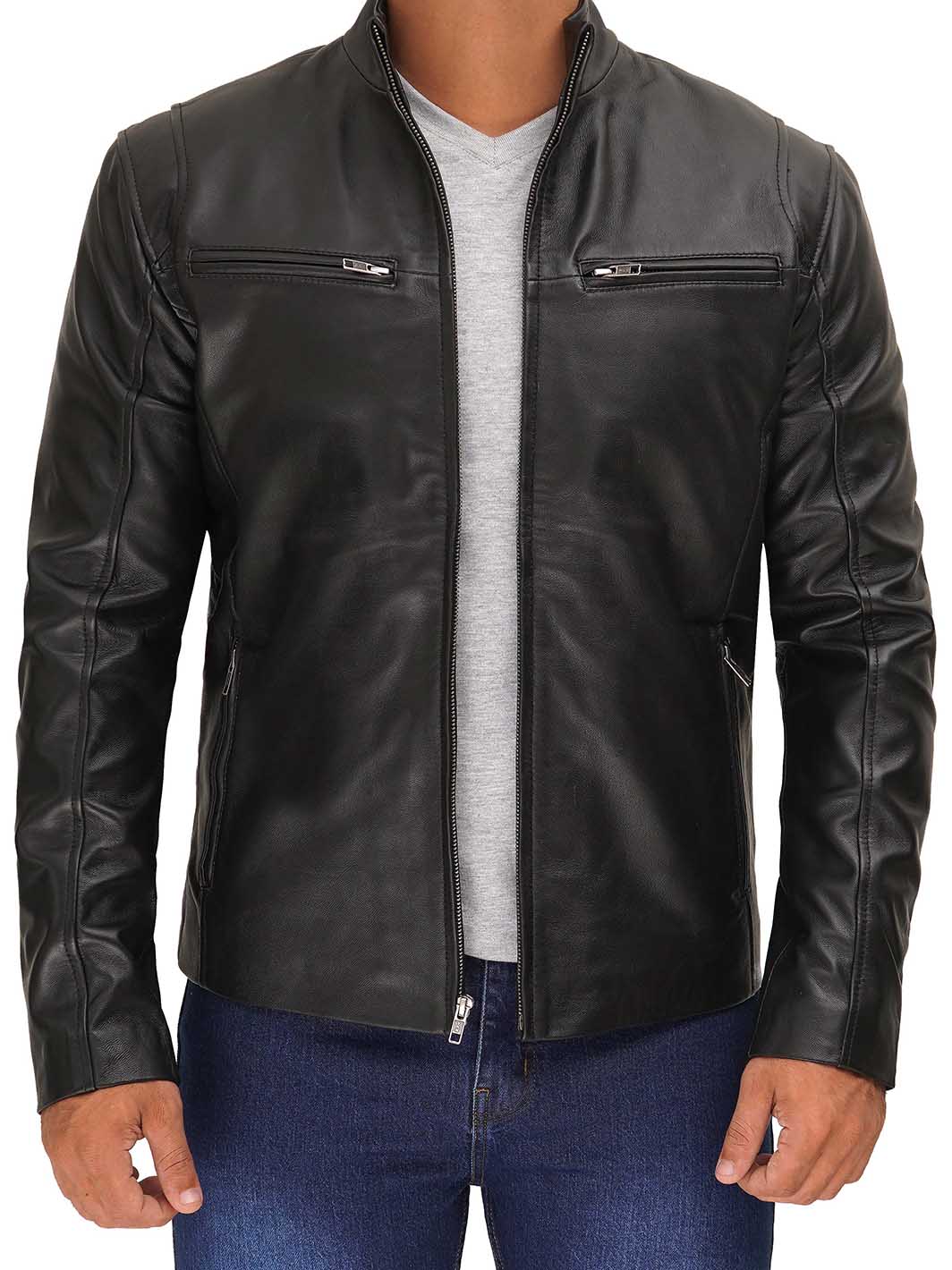 Clinton Men's Black Cafe Racer Leather Jacket - Rare Leather