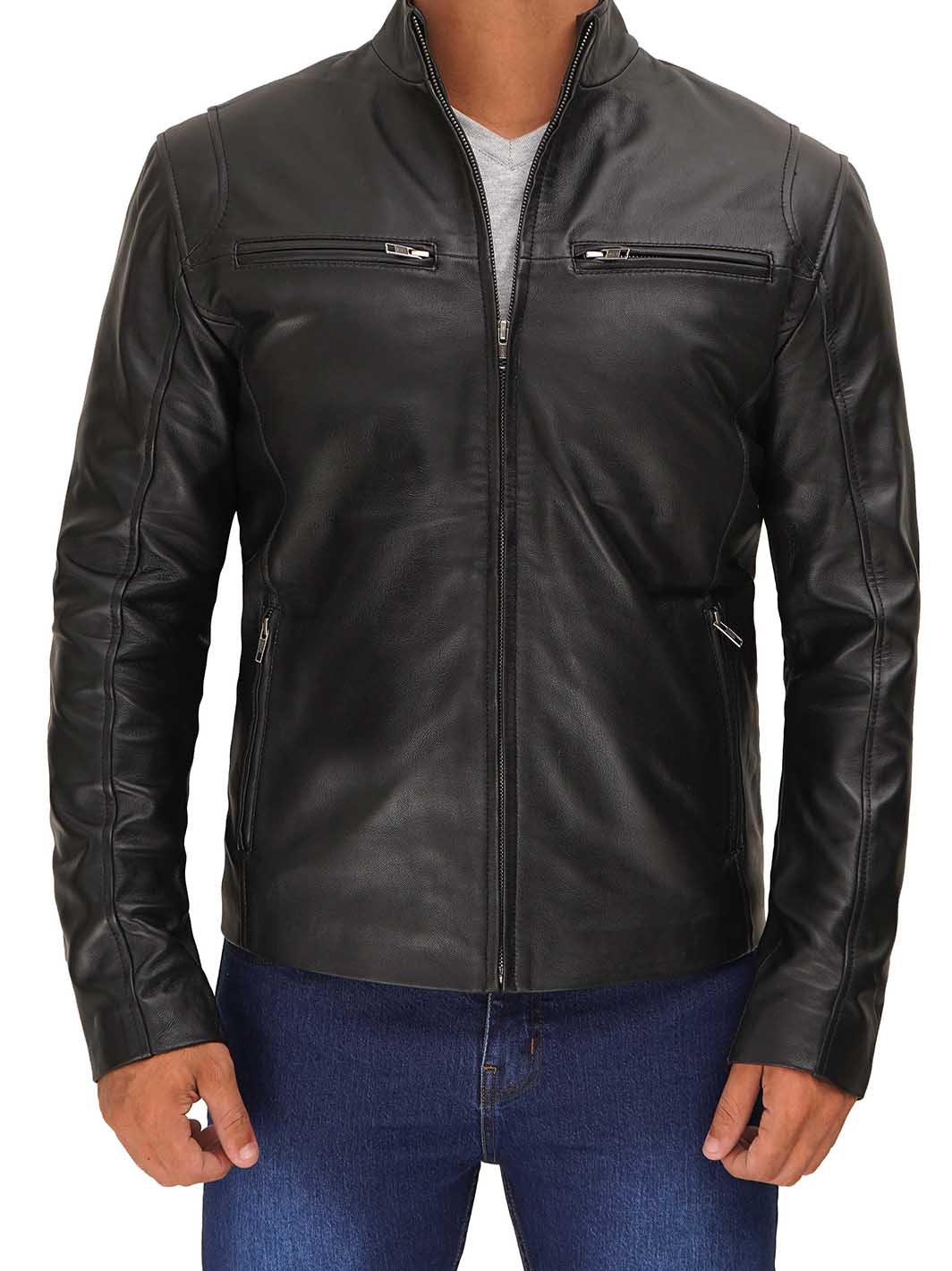Clinton Men's Black Cafe Racer Leather Jacket - Rare Leather