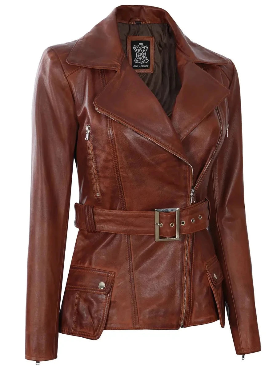 Cognac Wax Women Leather Biker Jacket - Vox Leather