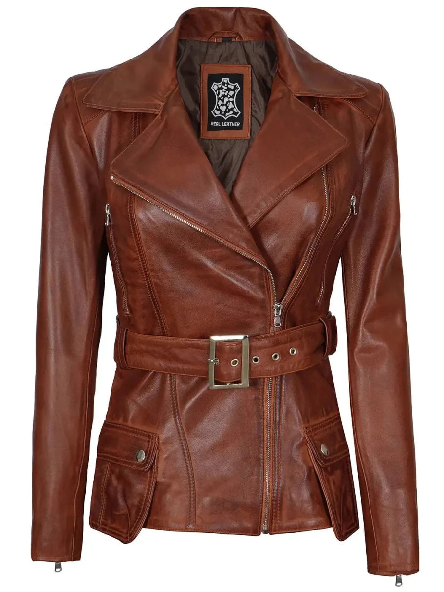 Cognac Wax Women Leather Biker Jacket - Vox Leather