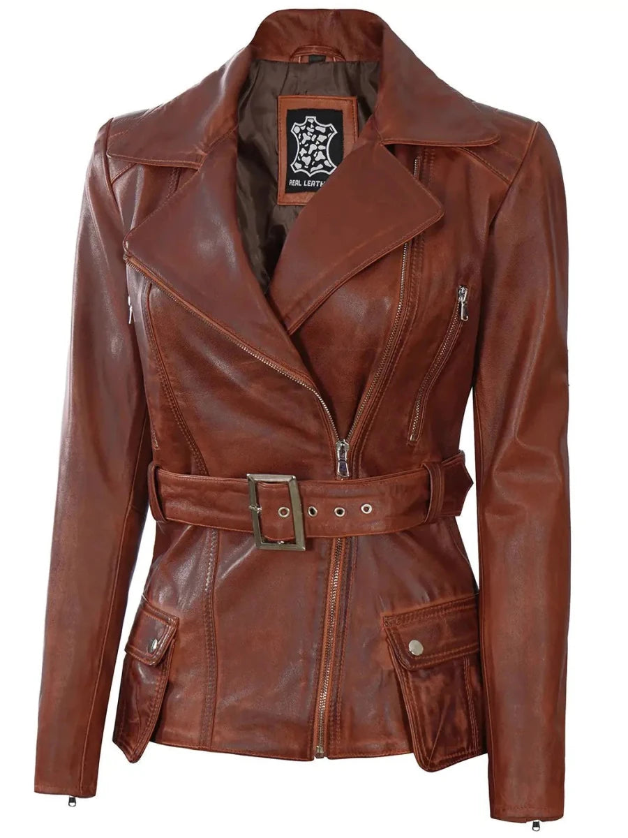 Cognac Wax Women Leather Biker Jacket - Vox Leather