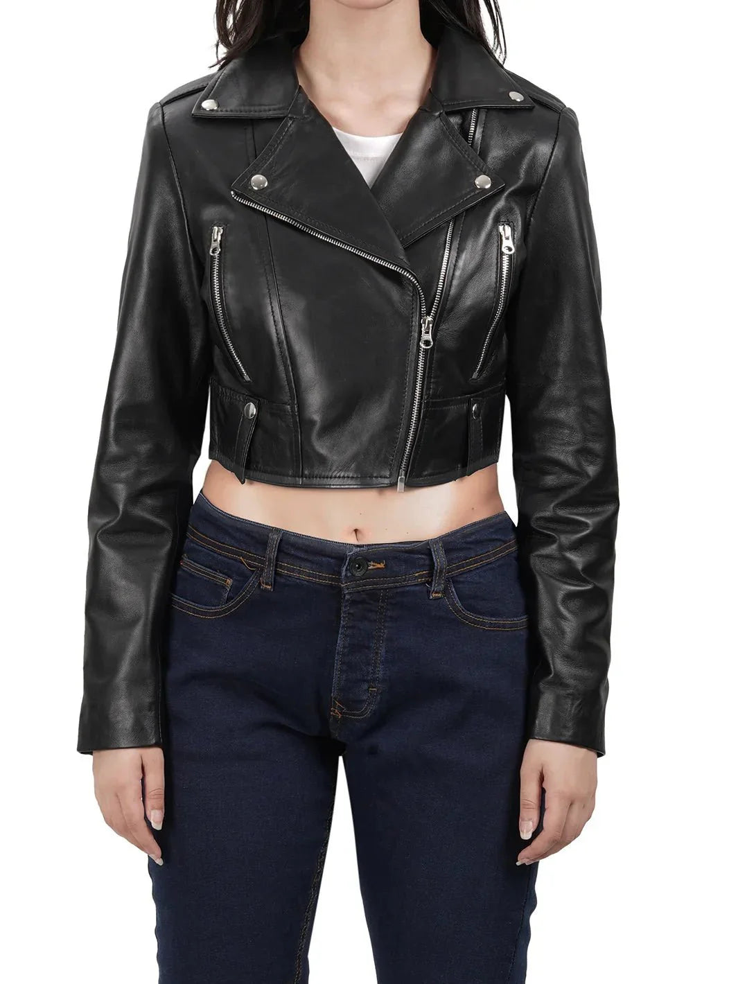 Colleen Women’s Cropped Black Moto Leather Jacket - Rare Leather