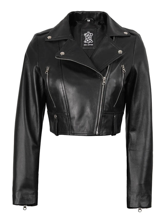 Colleen Women’s Cropped Black Moto Leather Jacket - Rare Leather