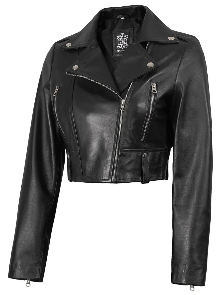 Colleen Women’s Cropped Black Moto Leather Jacket - Vox Leather