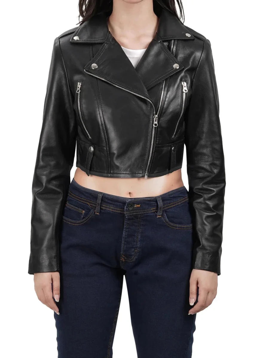 Colleen Women’s Cropped Black Moto Leather Jacket - Vox Leather