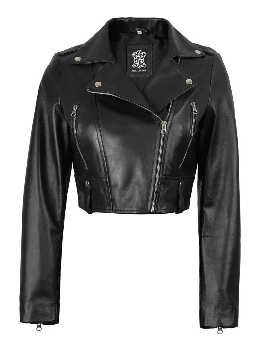 Colleen Women’s Cropped Black Moto Leather Jacket - Vox Leather