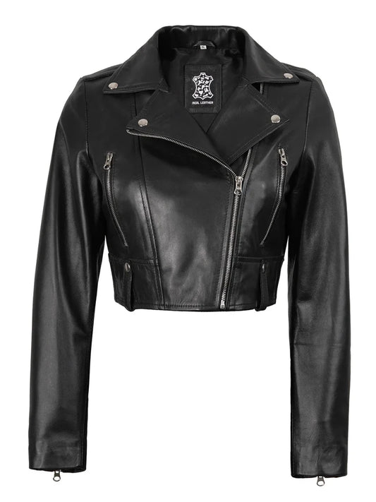 Colleen Women’s Cropped Black Moto Leather Jacket - Vox Leather