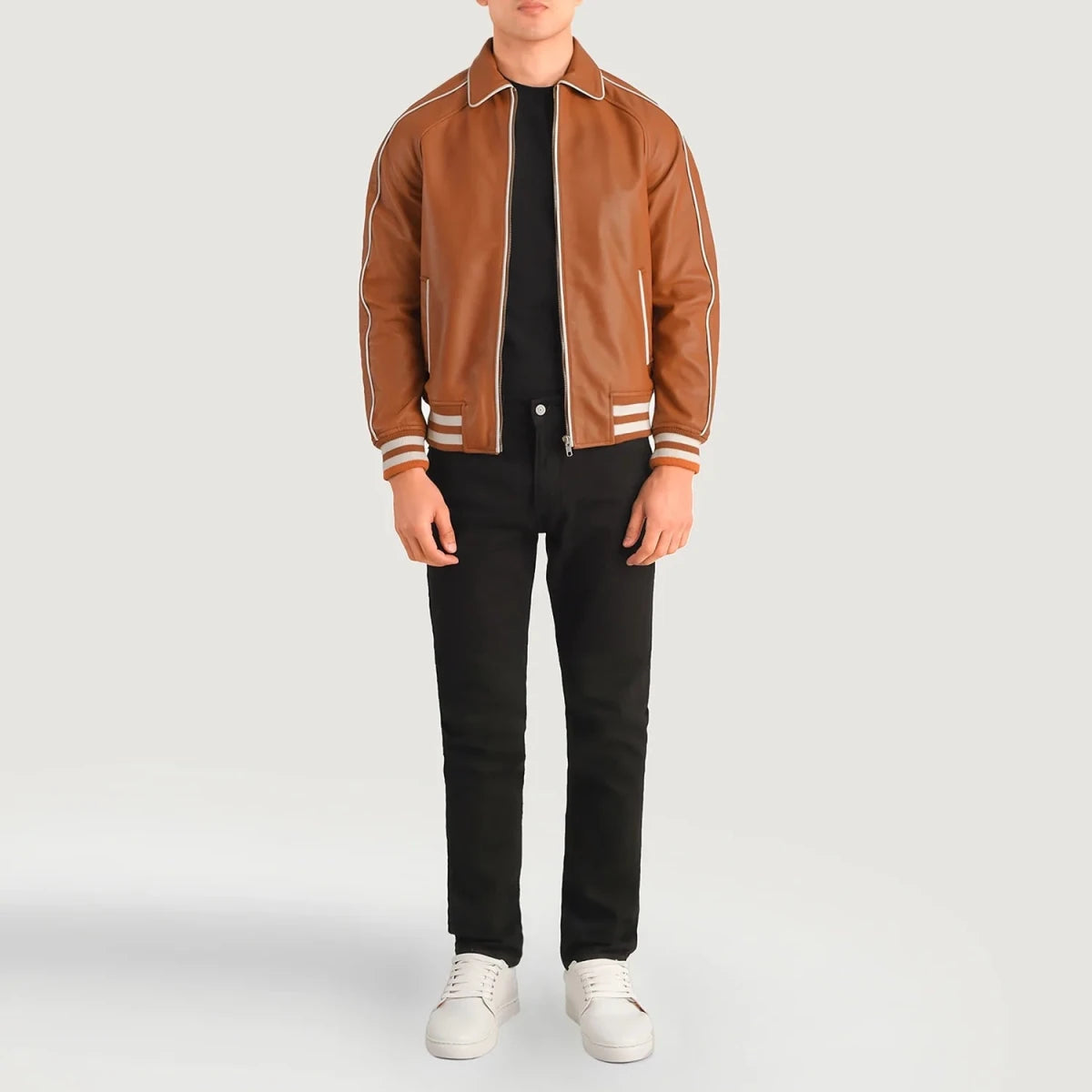 Cooper Tan Brown Leather Varsity Jacket - Vox Leather