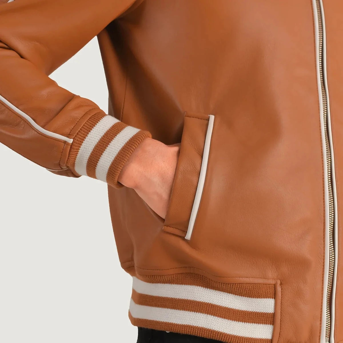 Cooper Tan Brown Leather Varsity Jacket - Vox Leather