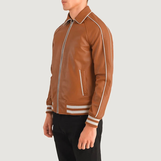 Cooper Tan Brown Leather Varsity Jacket - Vox Leather