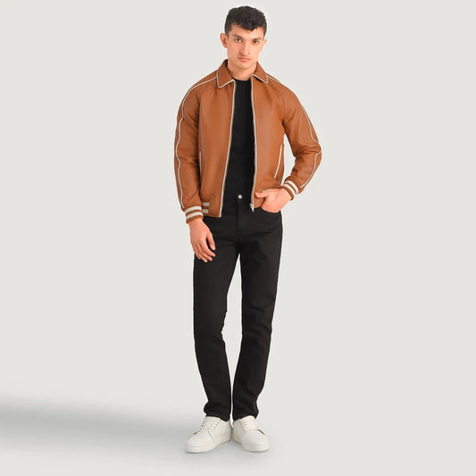 Cooper Tan Brown Leather Varsity Jacket - Vox Leather