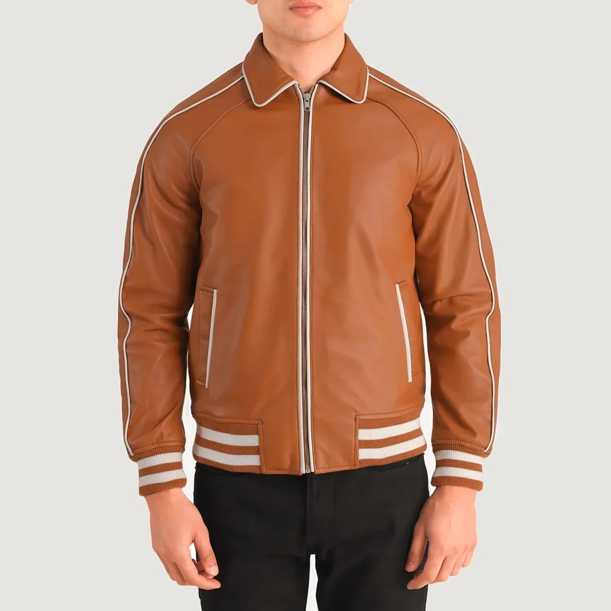Cooper Tan Brown Leather Varsity Jacket - Vox Leather