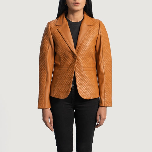Cora Quilted Brown Leather Blazer - Vox Leather