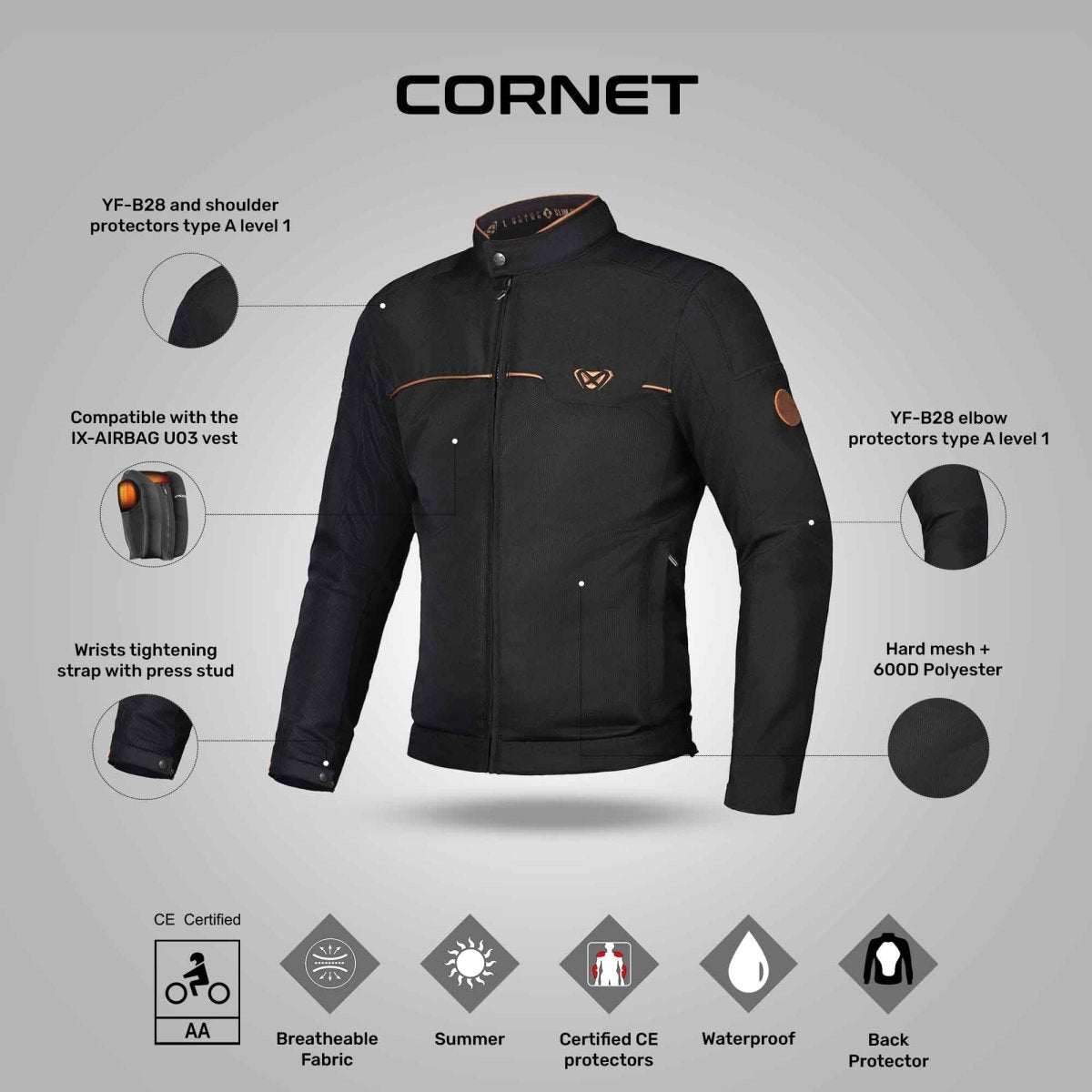 Cornet - Summer Adventure Riding Jacket (Black/Brown) - Vox Leather