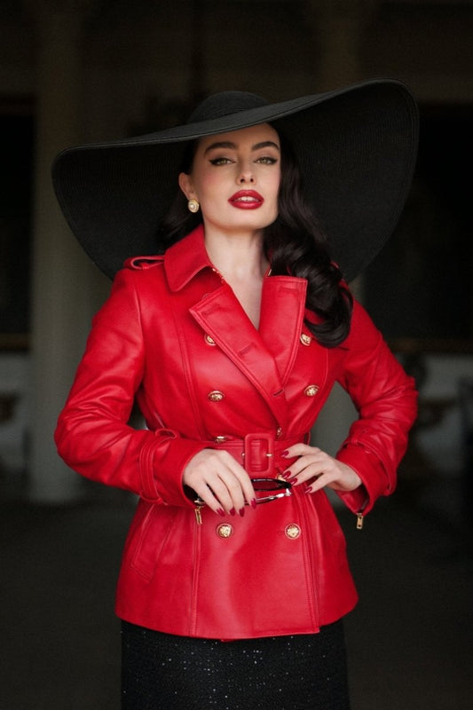 Cropped 'Belle Du Jour' Leather Trench Coat in Rosso - Vox Leather
