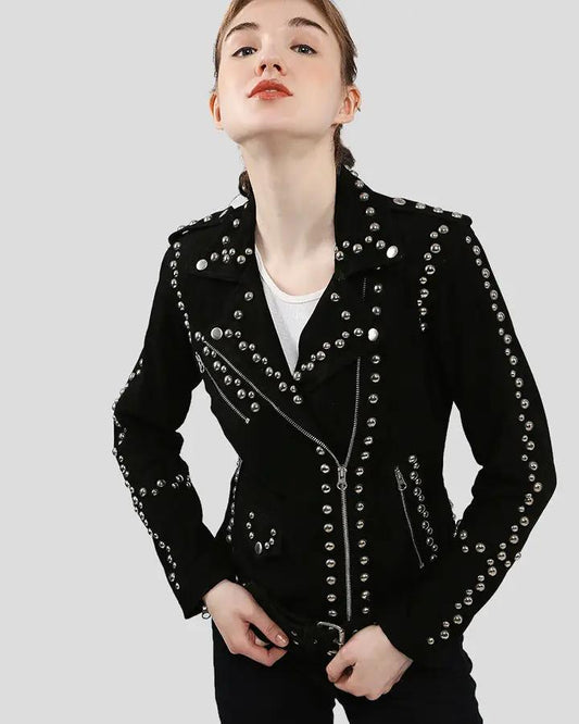Danica Black Suede Studded Leather Jacket - Vox Leather