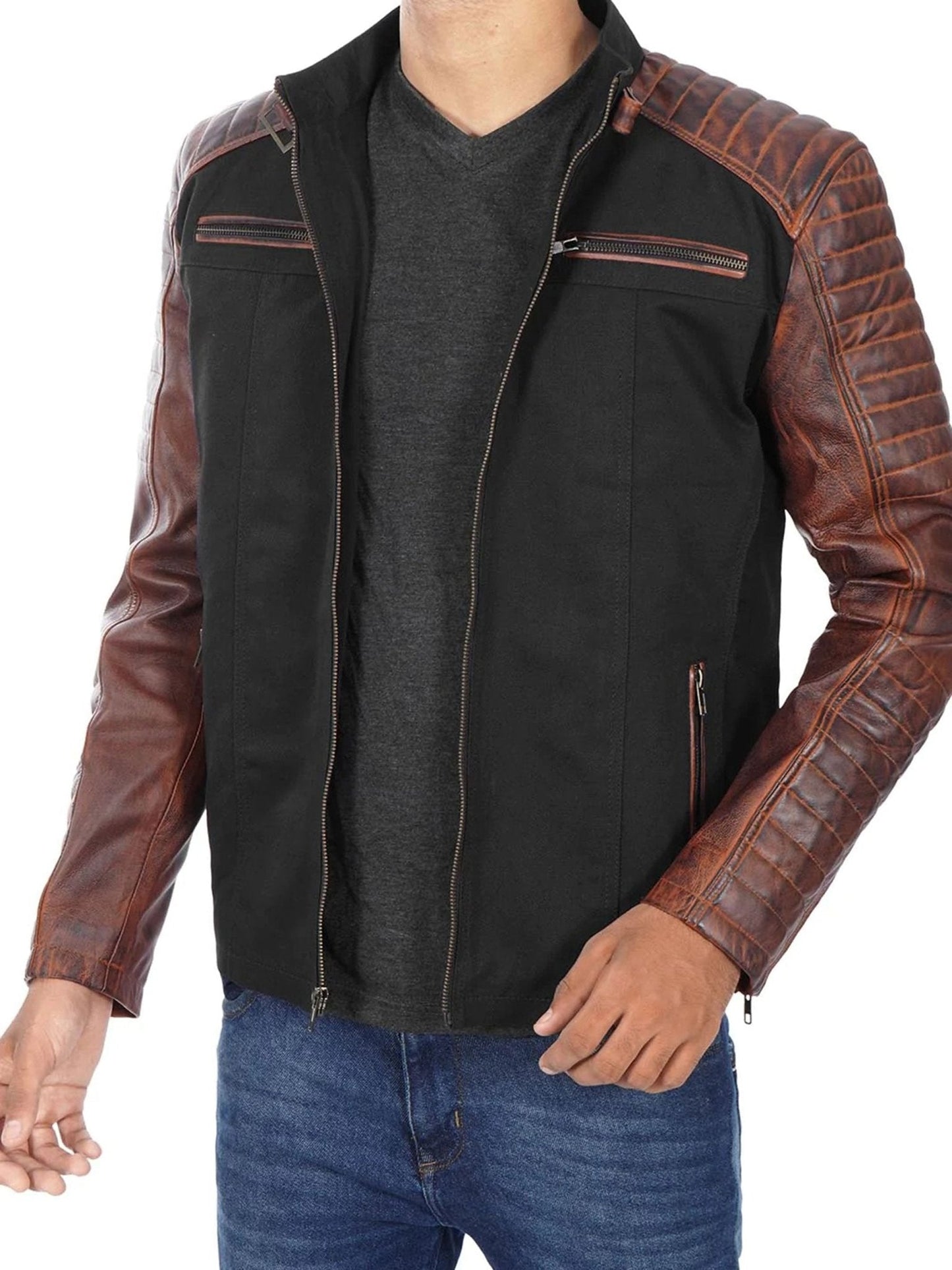 Darrell Mens Black and Brown Cafe Racer Leather Jacket - Rare Leather