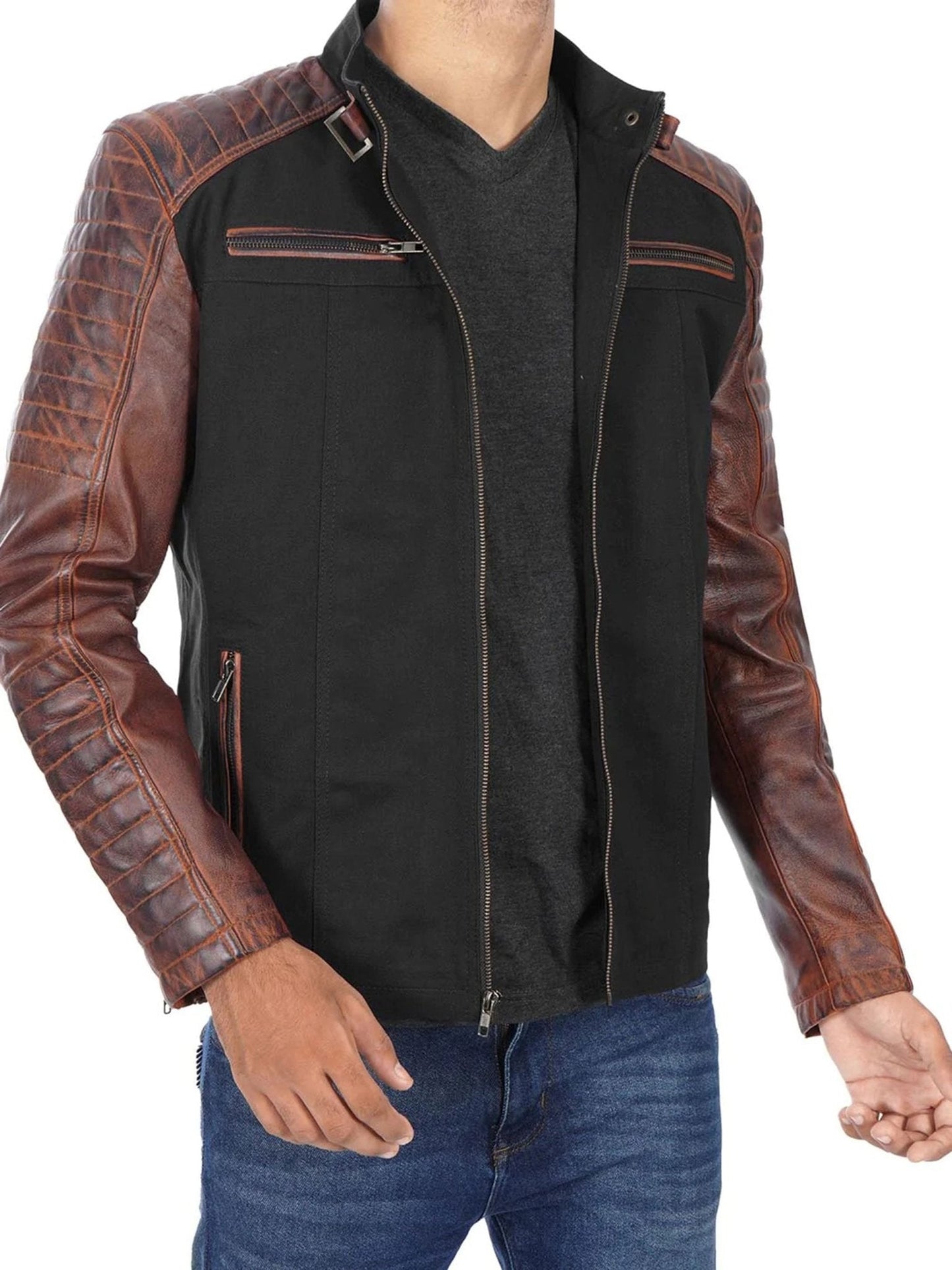 Darrell Mens Black and Brown Cafe Racer Leather Jacket - Rare Leather