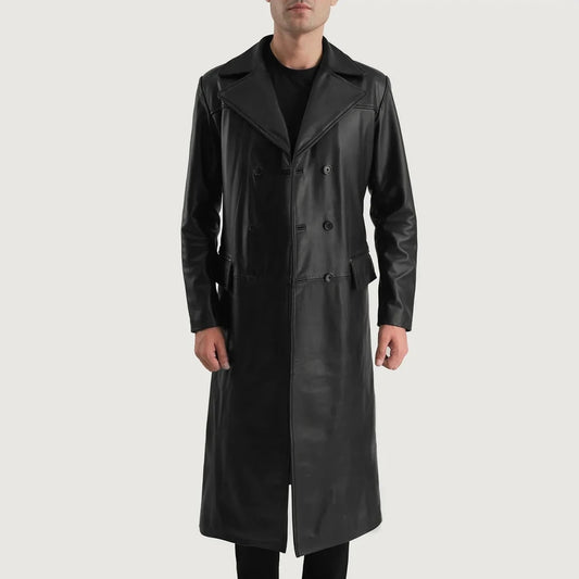 Delmar Black Leather Double Breasted Coat - Vox Leather