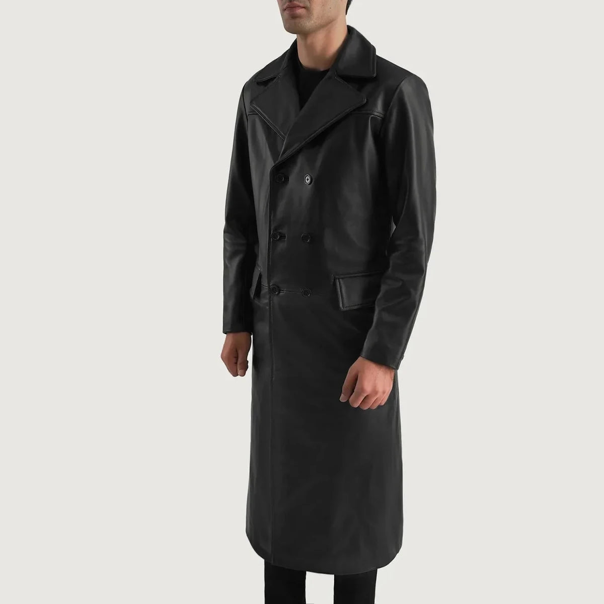 Delmar Black Leather Double Breasted Coat - Vox Leather