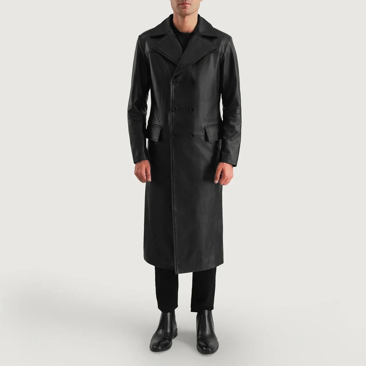 Delmar Black Leather Double Breasted Coat - Vox Leather