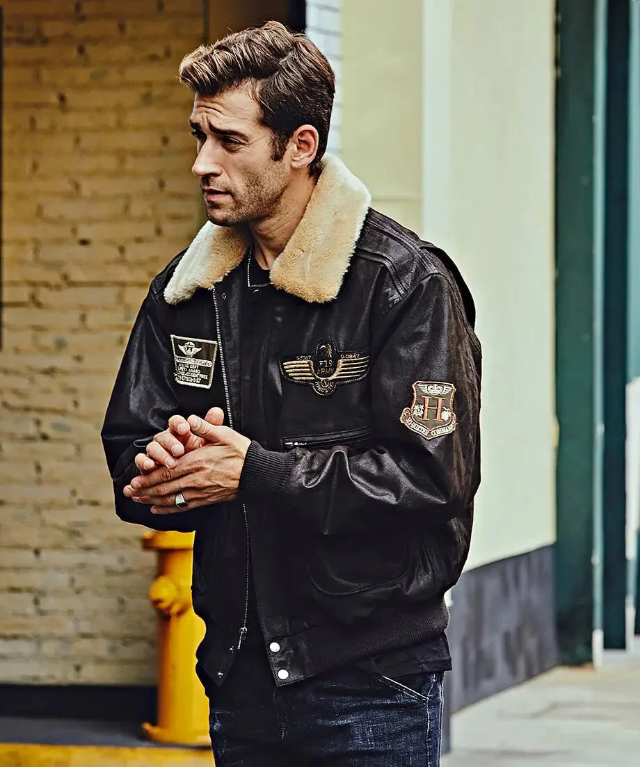 Denver Men’s Black Bomber Leather Jacket Aviator with Removable Collar - Rare Leather