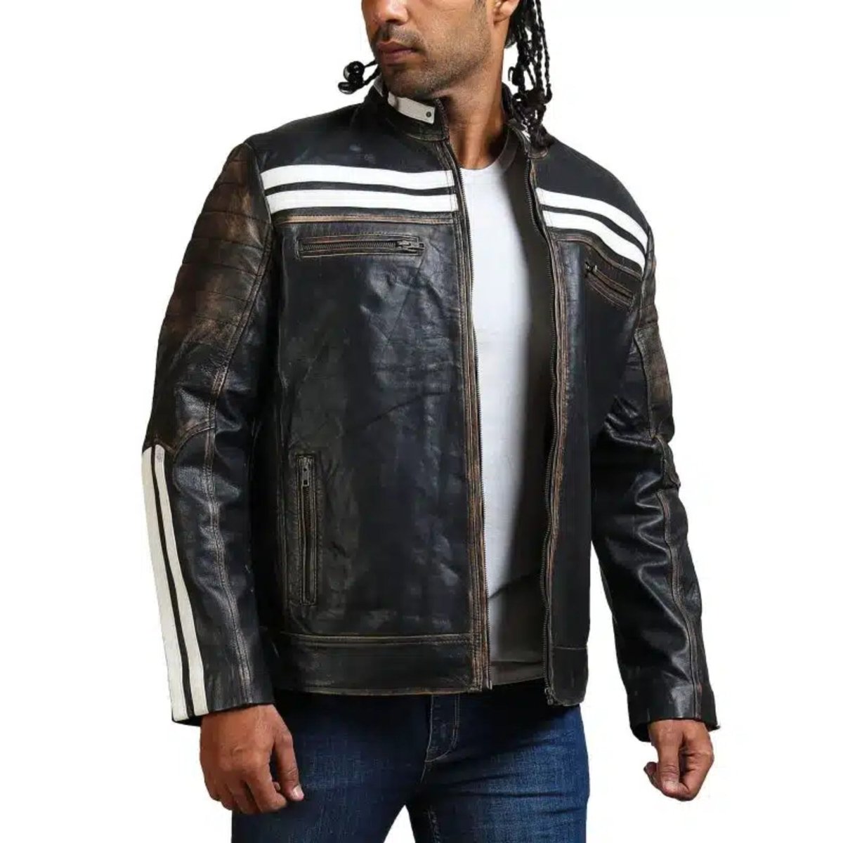 Designer Men Distressed Black Leather Jacket - Vox Leather