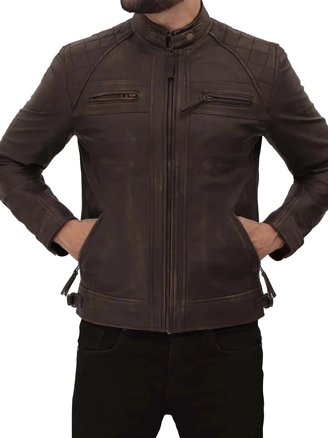 Diamond Mens Distressed Brown Motorcycle Leather Jacket - Rare Leather