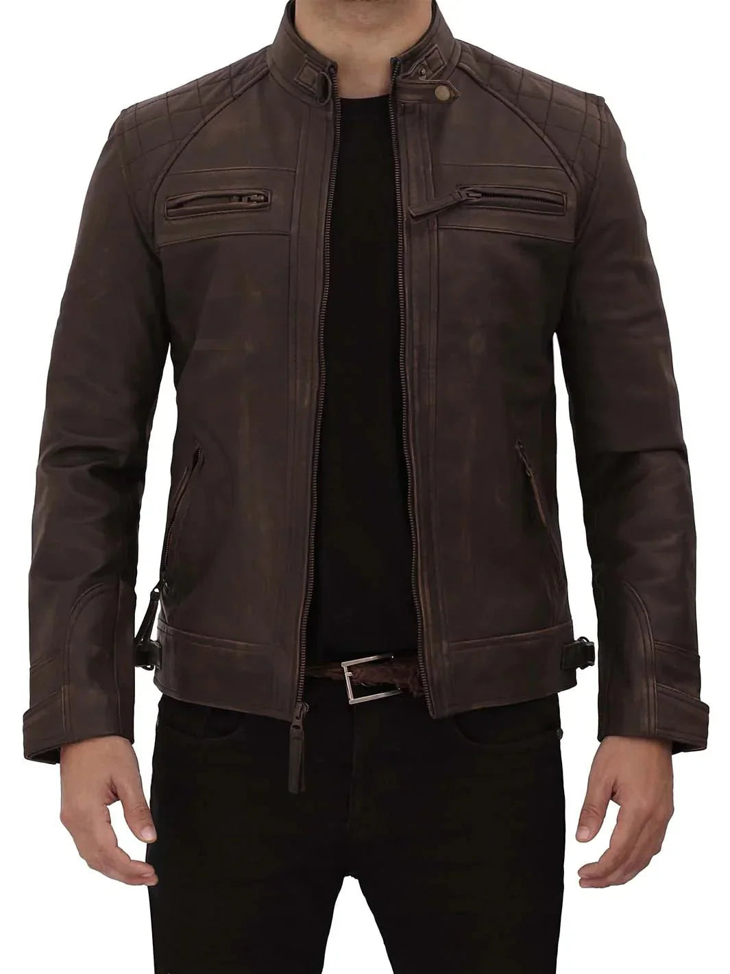 Diamond Mens Distressed Brown Motorcycle Leather Jacket - Rare Leather