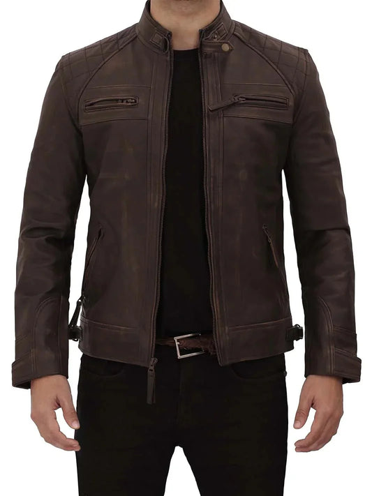 Diamond Mens Distressed Brown Motorcycle Leather Jacket - Rare Leather