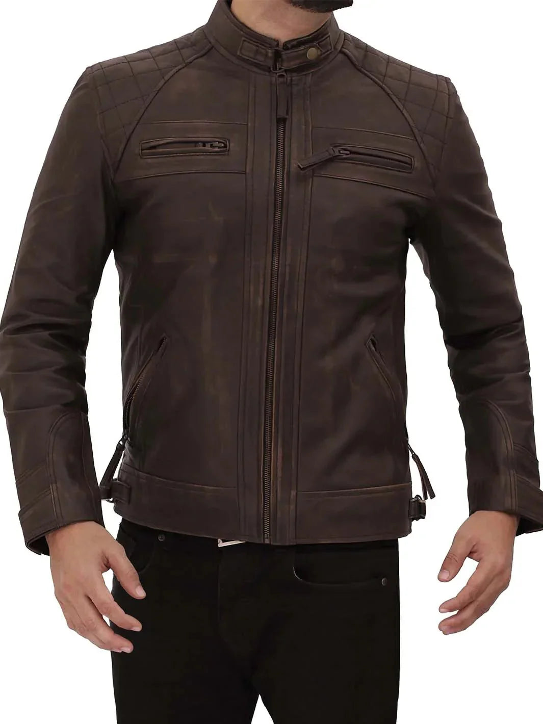Diamond Mens Distressed Brown Motorcycle Leather Jacket - Rare Leather