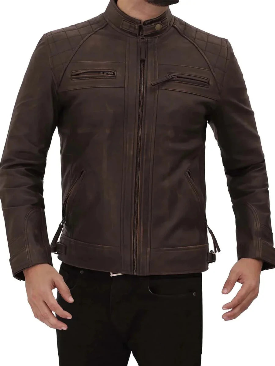Diamond Mens Distressed Brown Motorcycle Leather Jacket - Vox Leather