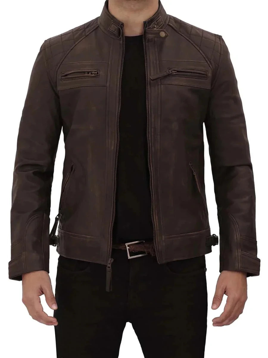 Diamond Mens Distressed Brown Motorcycle Leather Jacket - Vox Leather