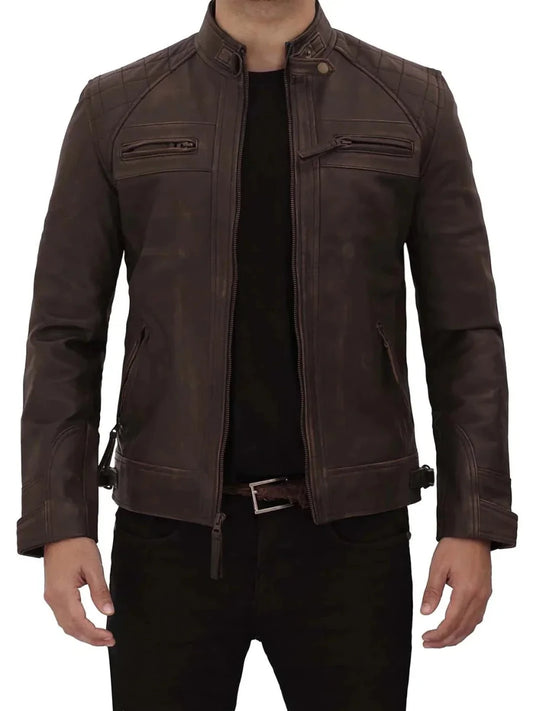 Diamond Mens Distressed Brown Motorcycle Leather Jacket - Vox Leather