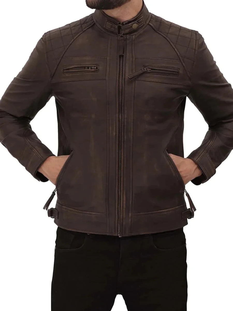 Diamond Mens Distressed Brown Motorcycle Leather Jacket - Vox Leather