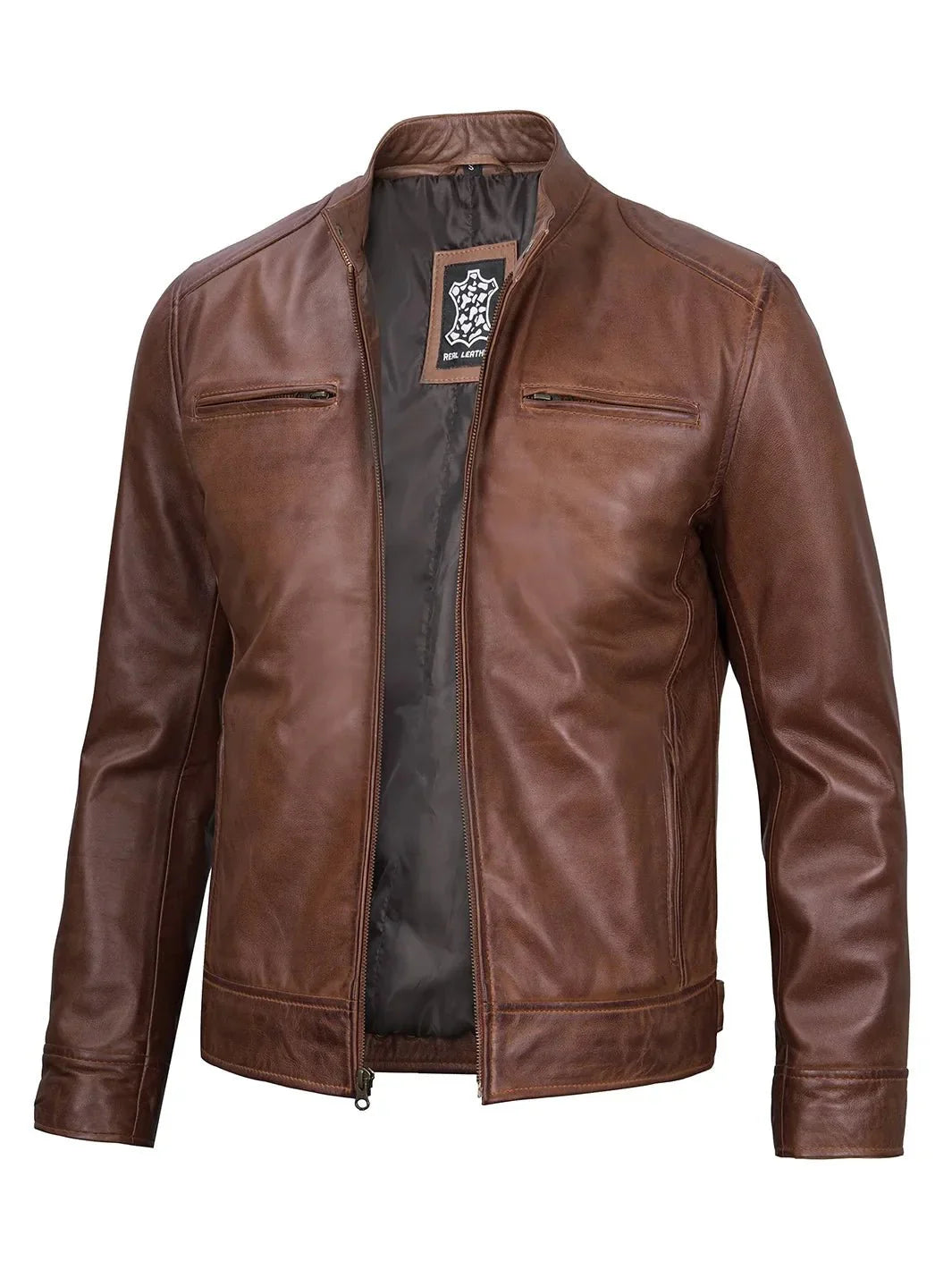 Dodge Mens Cognac Cafe Racer Leather Jacket - Rare Leather