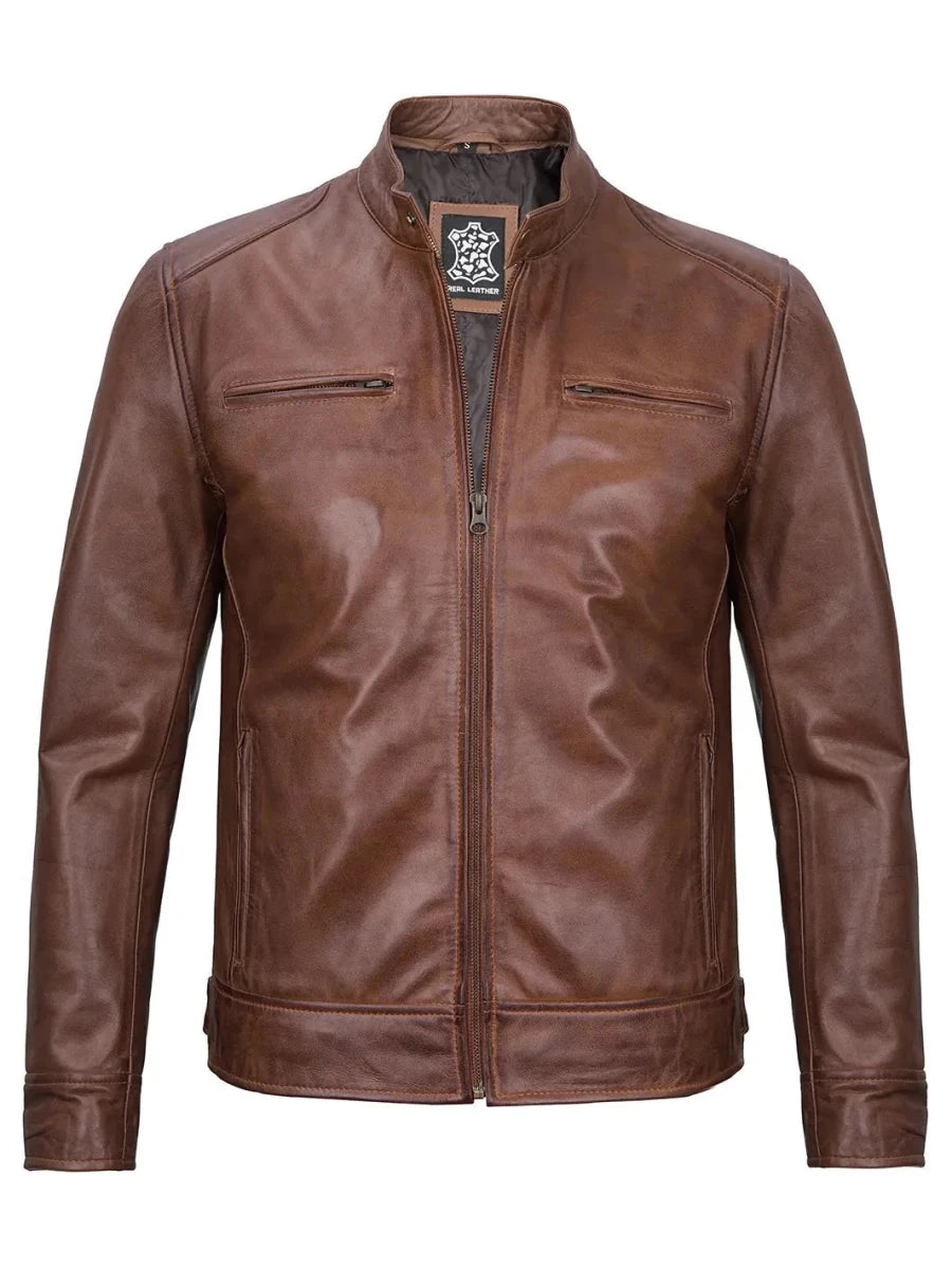 Dodge Mens Cognac Cafe Racer Leather Jacket - Vox Leather