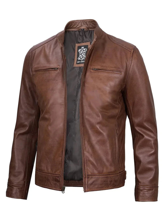 Dodge Mens Cognac Cafe Racer Leather Jacket - Vox Leather