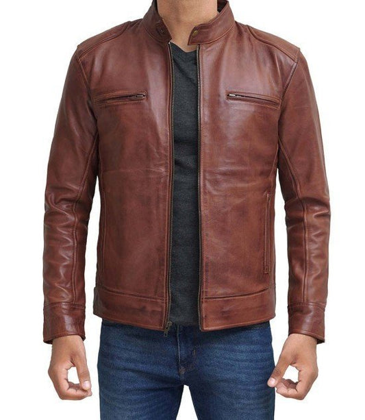 Dodge Mens Cognac Cafe Racer Leather Jacket - Vox Leather