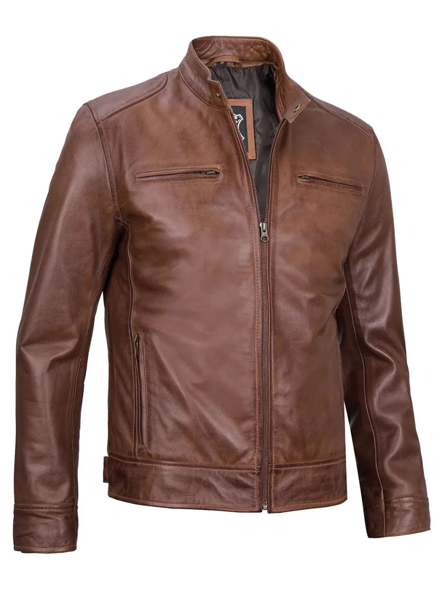 Dodge Mens Cognac Cafe Racer Leather Jacket - Vox Leather