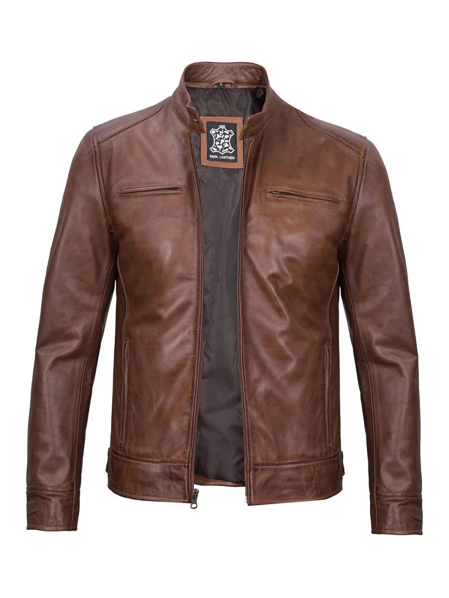Dodge Mens Cognac Cafe Racer Leather Jacket - Vox Leather