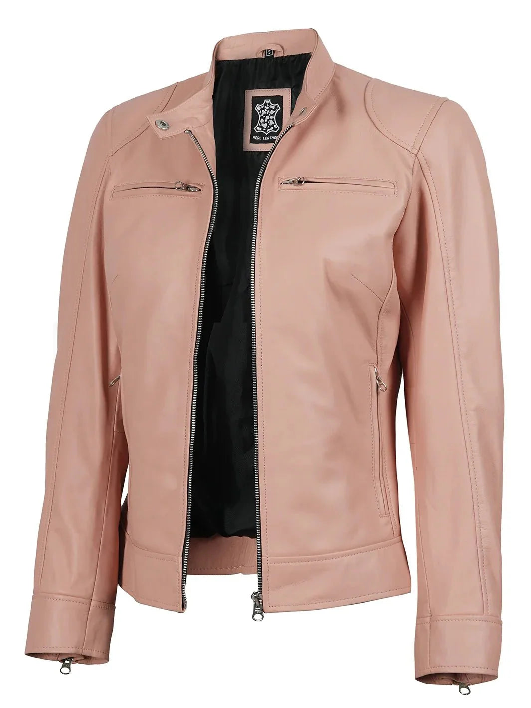 Dodge Women Light Pink Motorcycle Leather Jacket - Rare Leather