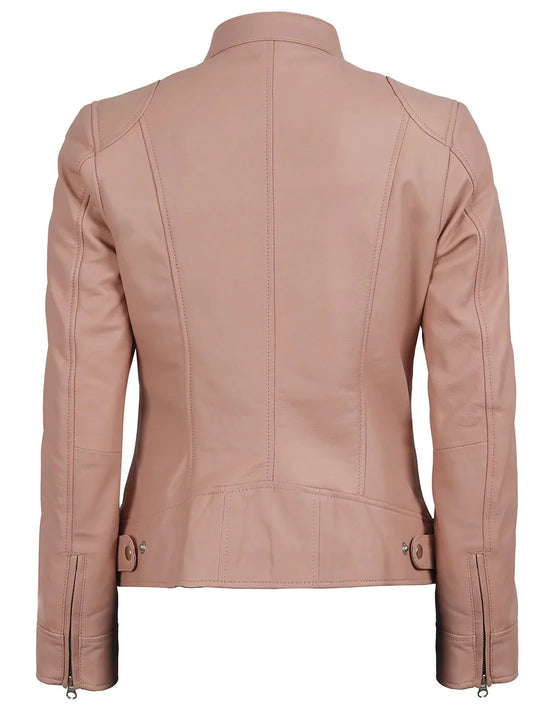 Dodge Women Light Pink Motorcycle Leather Jacket - Rare Leather