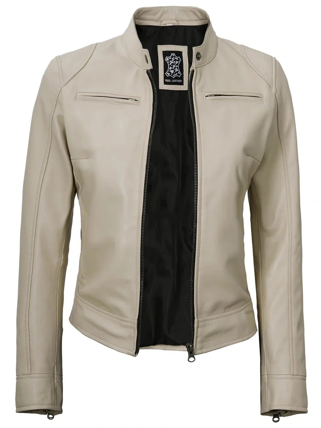 Dodge Women's Beige Leather Cafe Racer Jacket - Rare Leather