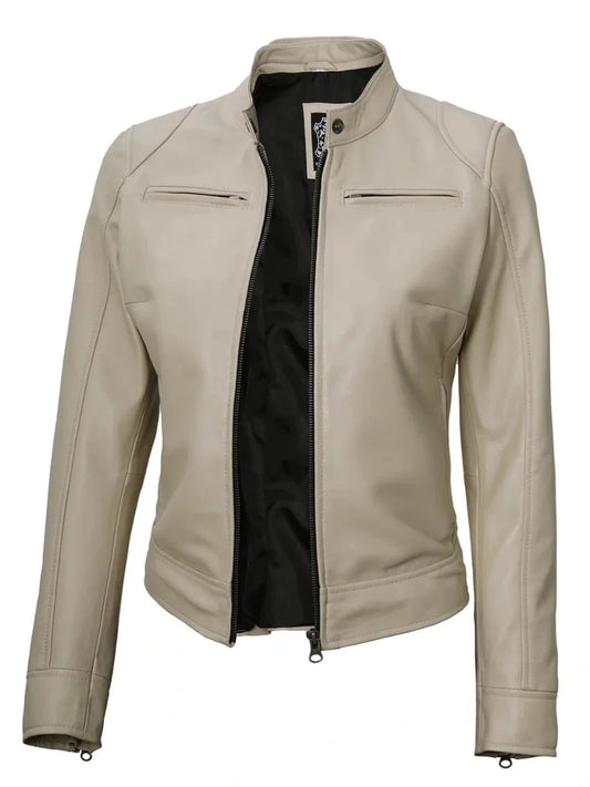 Dodge Women's Beige Leather Cafe Racer Jacket - Vox Leather