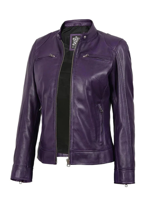 Dodge Womens Biker Purple Leather Jacket - Vox Leather