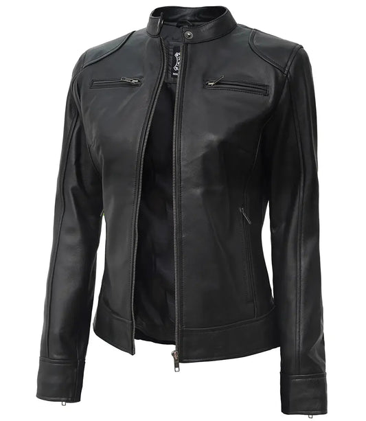 Dodge Women's Black Lambskin Motorcycle Leather Jacket - Rare Leather